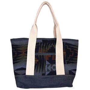 Wool Southwestern‎ Tote Bag Denim Bottom Canvas Straps Aztec Geometric Pendleton